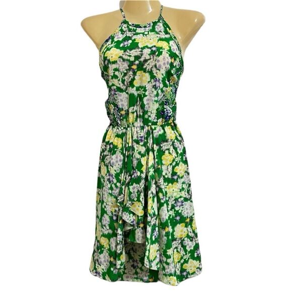 $375‎ REBECCA TAYLOR SILK FLORAL HIGH NECK FLUTTER GARDEN GREEN DRESS 0 FAIRY - Picture 1 of 14